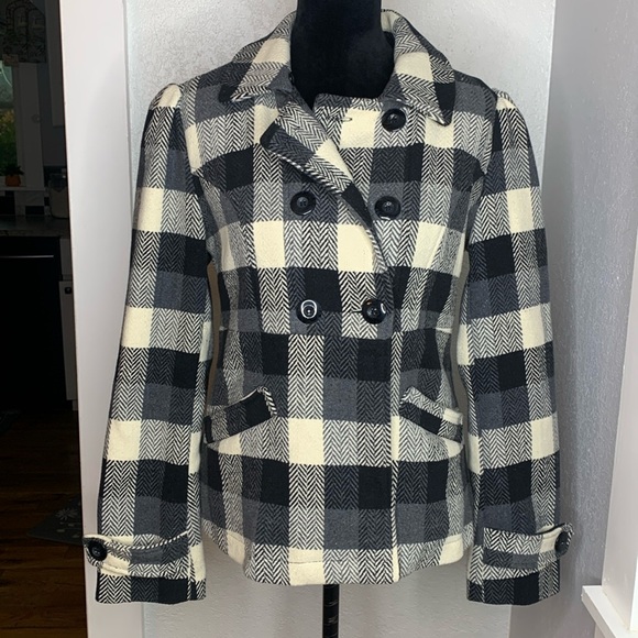 Yoki black white plaid double breasted pea coat wool blend lined pockets Medium - Picture 1 of 6